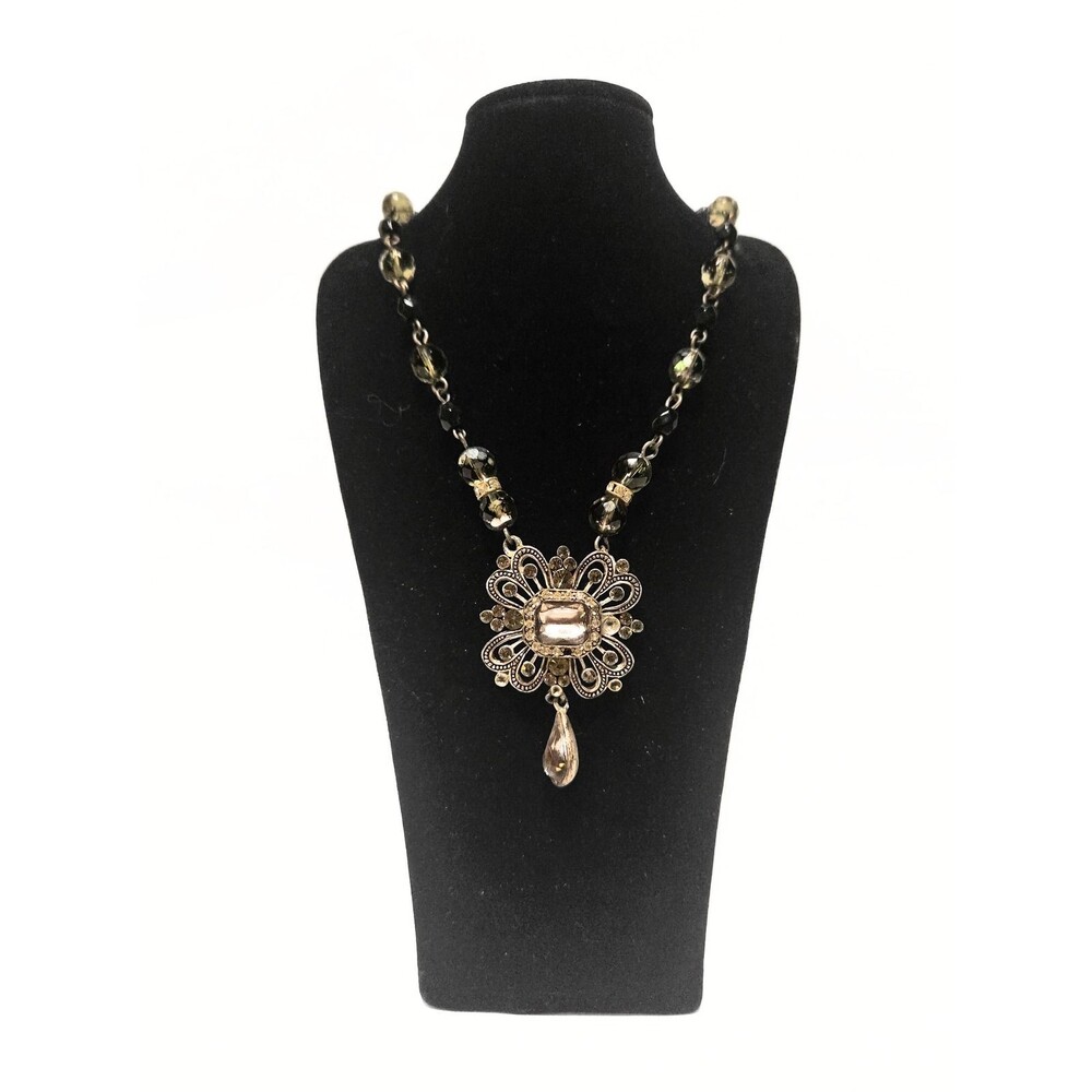 Silver Tone Rhinestone Floral Pendant Necklace Faceted Glass Beads Adjustable